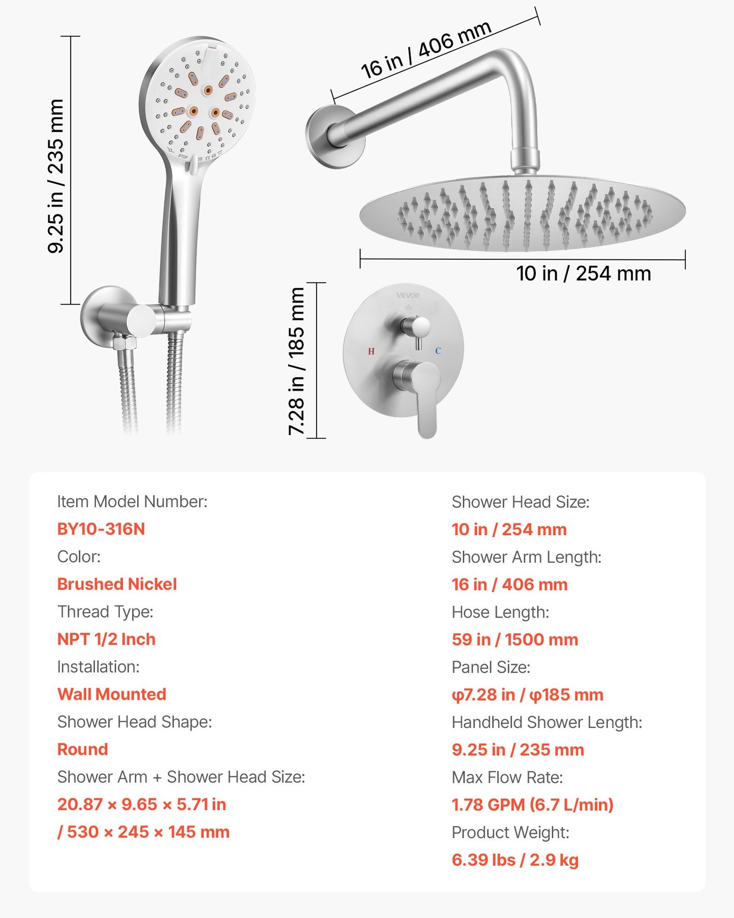 Shower Faucet Set, Rainfall Bathroom Shower System with 10-Inch Round Rain Shower Head and Handheld Spray, Wall Mounted Bath Fixtures with Brass Valve and Trim Kit, Brushed Nickel