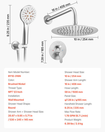 Shower Faucet Set, Rainfall Bathroom Shower System with 10-Inch Round Rain Shower Head and Handheld Spray, Wall Mounted Bath Fixtures with Brass Valve and Trim Kit, Brushed Nickel