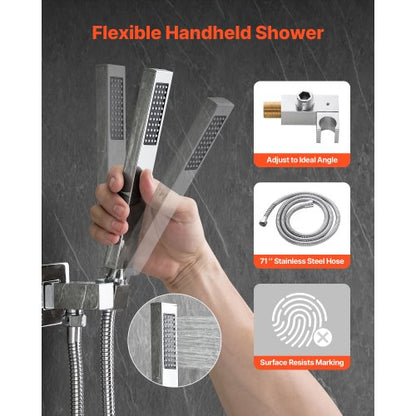 Shower mixer set 12" square rain shower head and hand shower set silver chrome