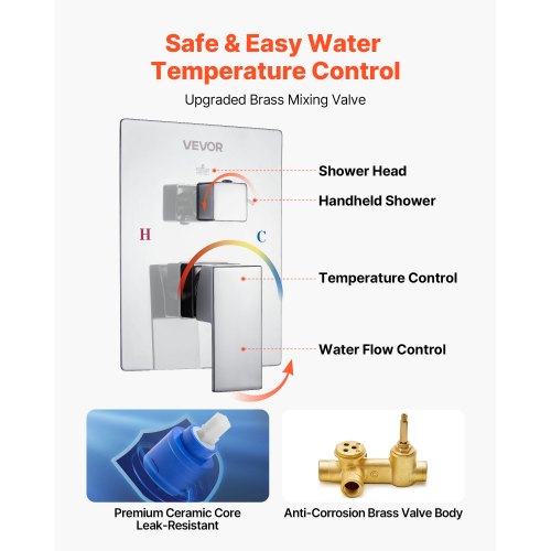 Shower mixer set 12" square rain shower head and hand shower set silver chrome