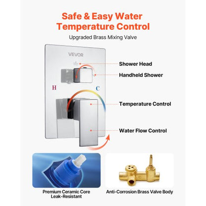 Shower mixer set 12" square rain shower head and hand shower set silver chrome