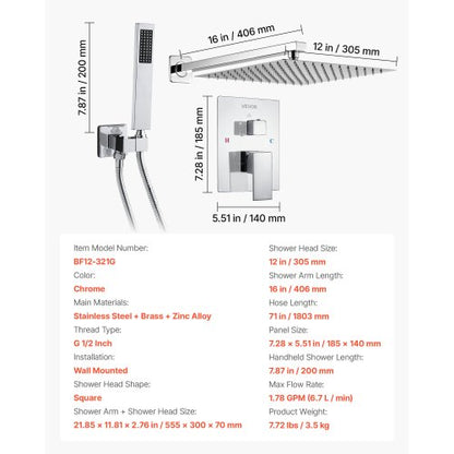 Shower mixer set 12" square rain shower head and hand shower set silver chrome