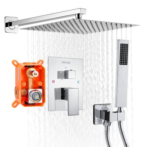 Shower mixer set 12" square rain shower head and hand shower set silver chrome