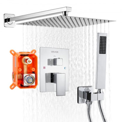 Shower mixer set 12" square rain shower head and hand shower set silver chrome