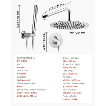 Duschmischer-Set, 25,4 cm, runder Regenduschkopf und Handbrause-Set, Silberchrom | EU