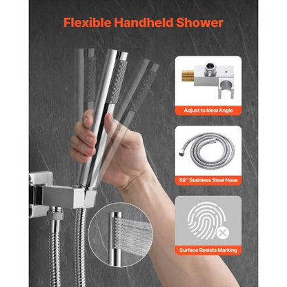 Shower mixer set 10" square rain shower head and hand shower set silver chrome