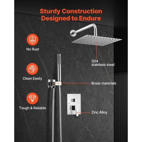 Shower mixer set 10" square rain shower head and hand shower set silver chrome