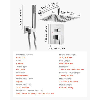 Shower mixer set 10" square rain shower head and hand shower set silver chrome