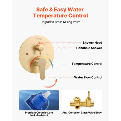 Duschmischer-Set, 10 Zoll, runder Regenduschkopf und Handbrause-Set, gebürstetes Gold