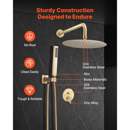 Duschmischer-Set, 10 Zoll, runder Regenduschkopf und Handbrause-Set, gebürstetes Gold