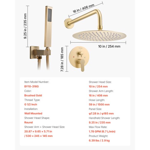 Duschmischer-Set, 10 Zoll, runder Regenduschkopf und Handbrause-Set, gebürstetes Gold