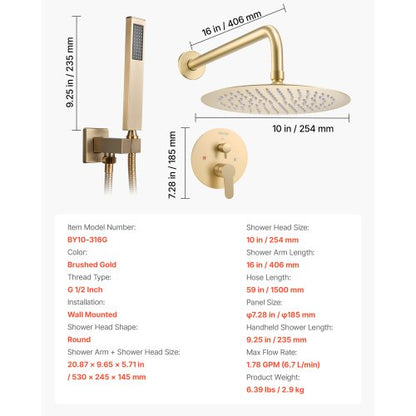 Duschmischer-Set, 10 Zoll, runder Regenduschkopf und Handbrause-Set, gebürstetes Gold