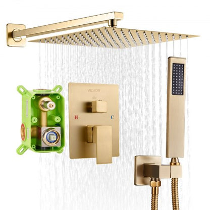 Shower Faucet Set, Rainfall Bathroom Shower System with 12-Inch Square Rain Shower Head and Handheld Spray, Wall Mounted Bath Fixtures with Brass Valve and Trim Kit, Brushed Gold