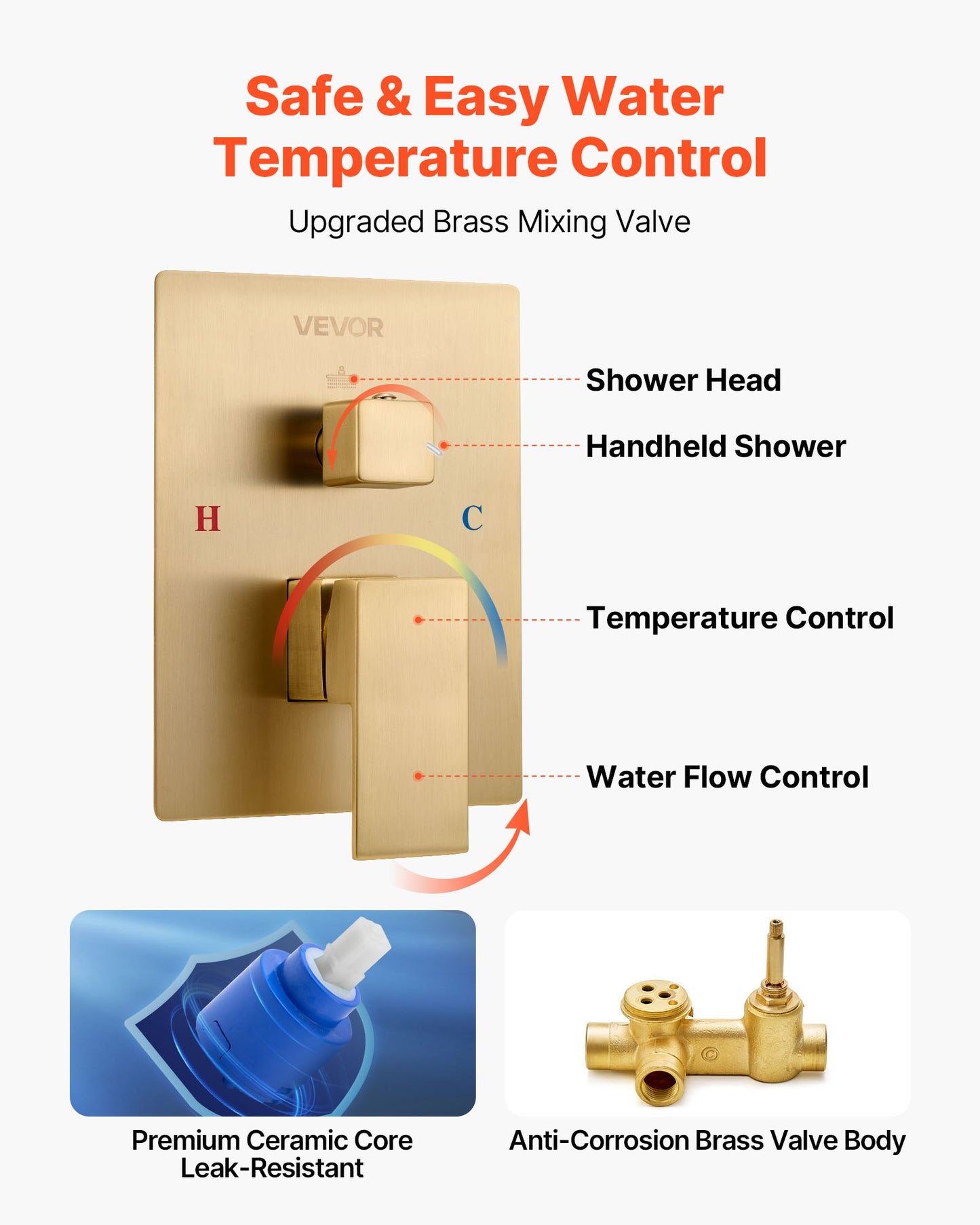 Shower Faucet Set, Rainfall Bathroom Shower System with 12-Inch Square Rain Shower Head and Handheld Spray, Wall Mounted Bath Fixtures with Brass Valve and Trim Kit, Brushed Gold