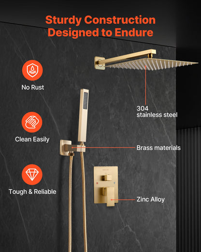 Shower Faucet Set, Rainfall Bathroom Shower System with 12-Inch Square Rain Shower Head and Handheld Spray, Wall Mounted Bath Fixtures with Brass Valve and Trim Kit, Brushed Gold
