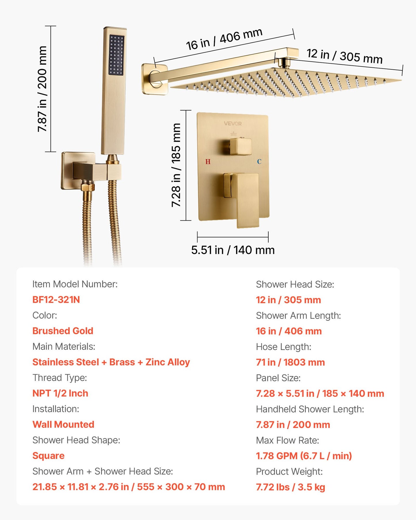 Shower Faucet Set, Rainfall Bathroom Shower System with 12-Inch Square Rain Shower Head and Handheld Spray, Wall Mounted Bath Fixtures with Brass Valve and Trim Kit, Brushed Gold