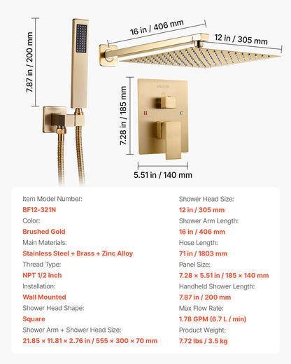 Shower Faucet Set, Rainfall Bathroom Shower System with 12-Inch Square Rain Shower Head and Handheld Spray, Wall Mounted Bath Fixtures with Brass Valve and Trim Kit, Brushed Gold
