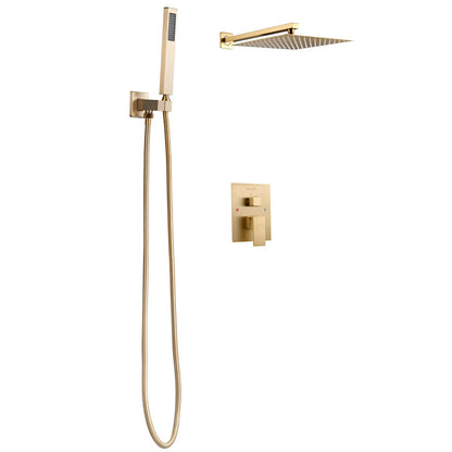 Shower Faucet Set, Rainfall Bathroom Shower System with 12-Inch Square Rain Shower Head and Handheld Spray, Wall Mounted Bath Fixtures with Brass Valve and Trim Kit, Brushed Gold