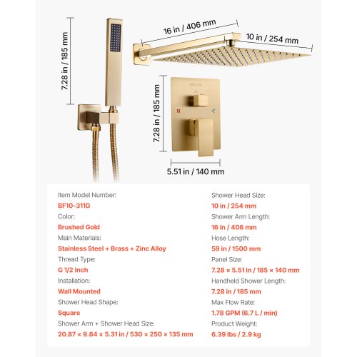 Duschblandareset 10" fyrkantigt regnduschhuvud och handduschset borstat guld