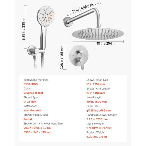 Shower mixer set 10" round rain shower head and hand shower set brushed nickel