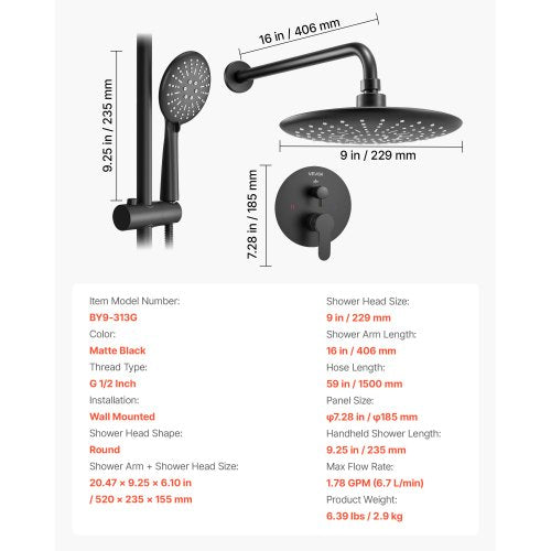 Shower mixer set 9" round rain shower head and hand shower set matte black
