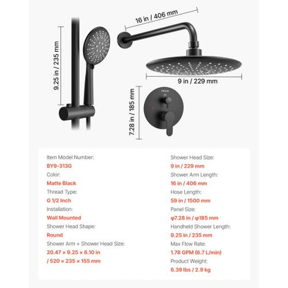 Shower mixer set 9" round rain shower head and hand shower set matte black