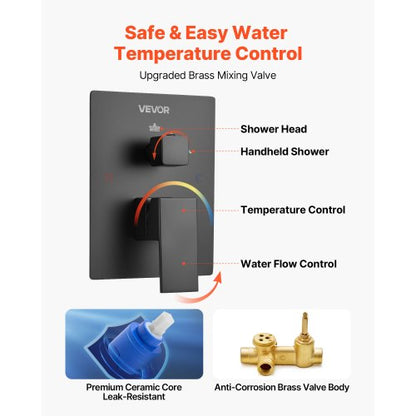 Shower mixer set 10" square rain shower head and hand shower set matte black