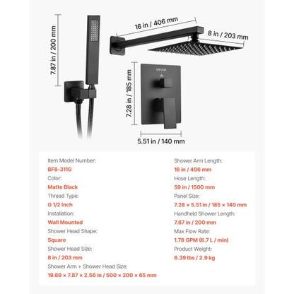 Shower mixer set 20 cm square rain shower head and hand shower set matte black