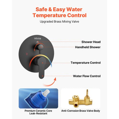 Brausebatterie-Set 30 cm rund Regendusche Kopfbrause und Handbrause Set matt schwarz