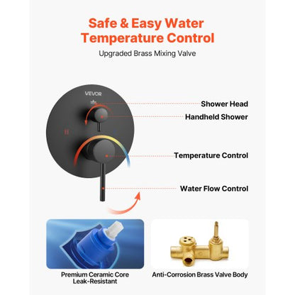 Shower mixer set 20 cm round rain shower head and hand shower set matte black | EU