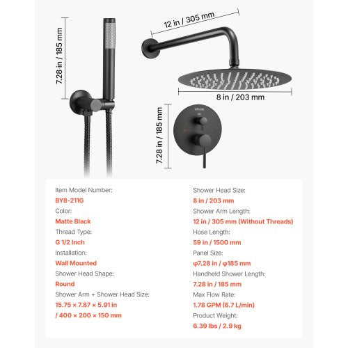 Shower mixer set 20 cm round rain shower head and hand shower set matte black | EU