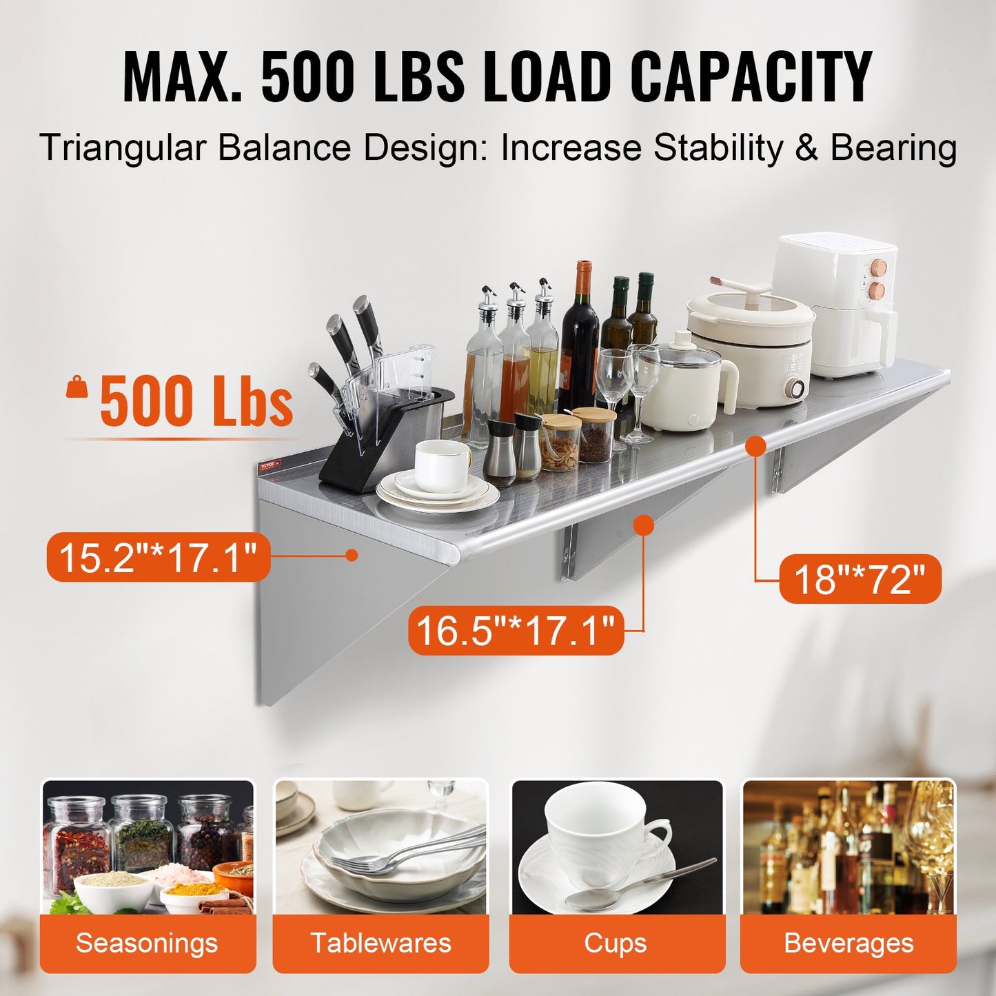 72" x 18" Stainless Steel Wall Mounted Shelf Kitchen Restaurant Shelf