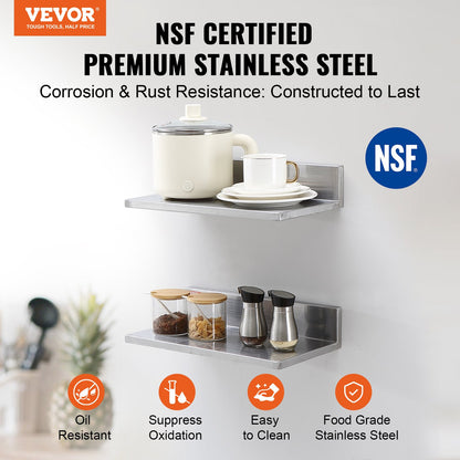 8.6" x 16" Stainless Steel Shelf, Wall Mounted Floating Shelves with Backsplash, 44 lbs Load Capacity Commercial Shelves, Heavy Duty Storage Rack for Restaurant, Kitchen, Bar, Home and Hotel