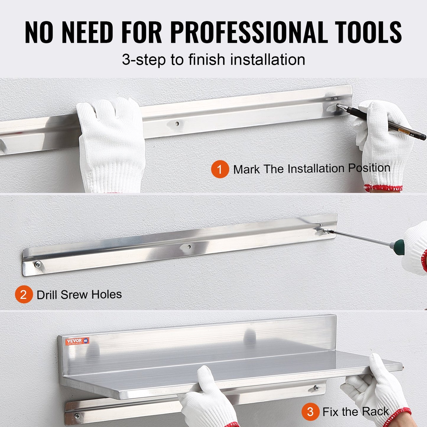 8.6" x 16" Stainless Steel Shelf, Wall Mounted Floating Shelves with Backsplash, 44 lbs Load Capacity Commercial Shelves, Heavy Duty Storage Rack for Restaurant, Kitchen, Bar, Home and Hotel