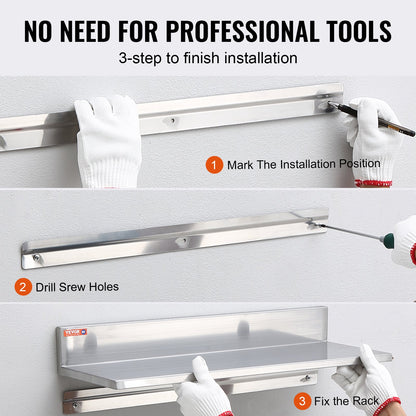 8.6" x 16" Stainless Steel Shelf, Wall Mounted Floating Shelves with Backsplash, 44 lbs Load Capacity Commercial Shelves, Heavy Duty Storage Rack for Restaurant, Kitchen, Bar, Home and Hotel