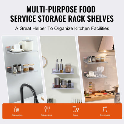 8.6" x 16" Stainless Steel Shelf, Wall Mounted Floating Shelves with Backsplash, 44 lbs Load Capacity Commercial Shelves, Heavy Duty Storage Rack for Restaurant, Kitchen, Bar, Home and Hotel