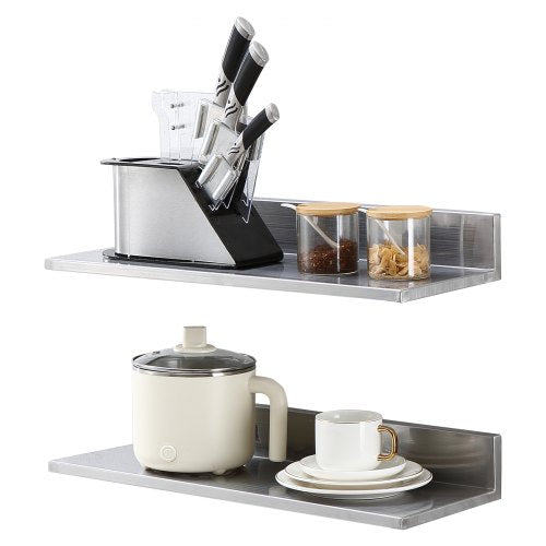 8.6" x 24" Stainless Steel Shelf, Wall Mounted Floating Shelving with Backsplash, 44 lbs Load Capacity Commercial Shelves, Heavy Duty Storage Rack for Restaurant, Kitchen, Bar, Home, and Hotel
