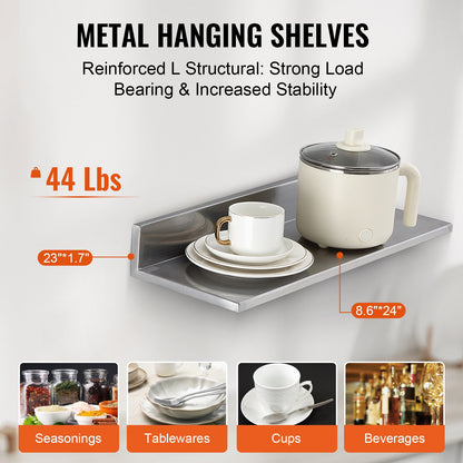 8.6" x 24" Stainless Steel Shelf, Wall Mounted Floating Shelving with Backsplash, 44 lbs Load Capacity Commercial Shelves, Heavy Duty Storage Rack for Restaurant, Kitchen, Bar, Home, and Hotel