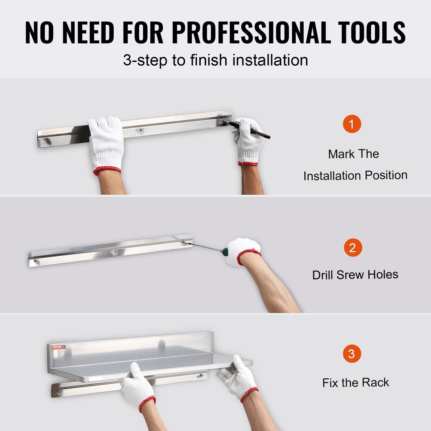 8.6" x 24" Stainless Steel Shelf, Wall Mounted Floating Shelving with Backsplash, 44 lbs Load Capacity Commercial Shelves, Heavy Duty Storage Rack for Restaurant, Kitchen, Bar, Home, and Hotel
