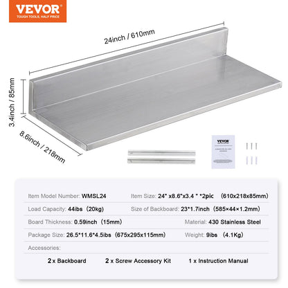 8.6" x 24" Stainless Steel Shelf, Wall Mounted Floating Shelving with Backsplash, 44 lbs Load Capacity Commercial Shelves, Heavy Duty Storage Rack for Restaurant, Kitchen, Bar, Home, and Hotel