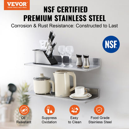 8.6" x 30" Stainless Steel Shelf, Wall Mounted Floating Shelves with Backsplash, 44 lbs Load Capacity Commercial Shelves, Heavy Duty Storage Rack for Restaurant, Kitchen, Bar, Home and Hotel