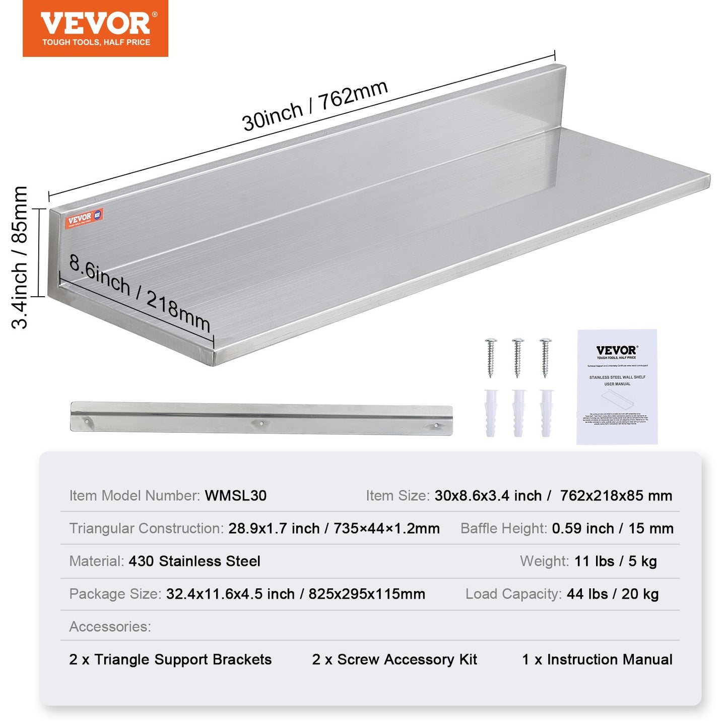 8.6" x 30" Stainless Steel Shelf, Wall Mounted Floating Shelves with Backsplash, 44 lbs Load Capacity Commercial Shelves, Heavy Duty Storage Rack for Restaurant, Kitchen, Bar, Home and Hotel