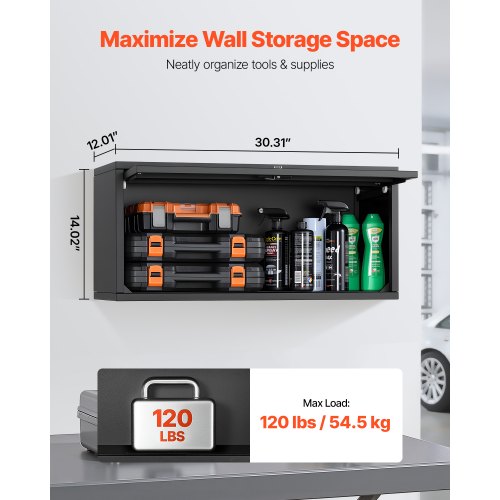 Metallväggskåp, 77B x 30,5D x 35,6H cm, Flytande verktygsskåp för garage med uppfällbar dörr, 54,5 kg belastning per hyllplan, Lämplig för garage, källare, kök, lager, montering krävs |  EU