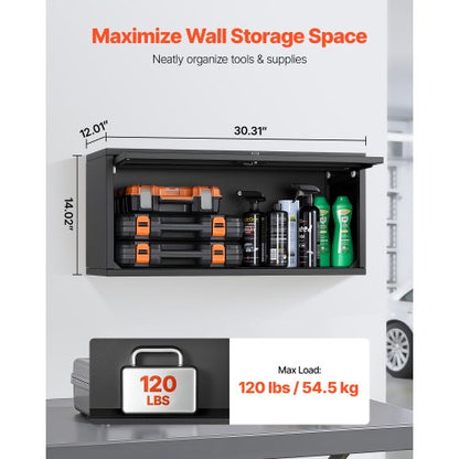Metallväggskåp, 77B x 30,5D x 35,6H cm, Flytande verktygsskåp för garage med uppfällbar dörr, 54,5 kg belastning per hyllplan, Lämplig för garage, källare, kök, lager, montering krävs |  EU