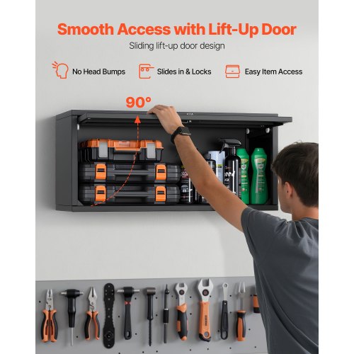 Metallväggskåp, 77B x 30,5D x 35,6H cm, Flytande verktygsskåp för garage med uppfällbar dörr, 54,5 kg belastning per hyllplan, Lämplig för garage, källare, kök, lager, montering krävs |  EU