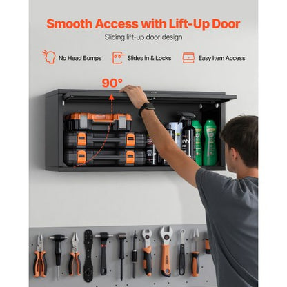 Metallväggskåp, 77B x 30,5D x 35,6H cm, Flytande verktygsskåp för garage med uppfällbar dörr, 54,5 kg belastning per hyllplan, Lämplig för garage, källare, kök, lager, montering krävs |  EU
