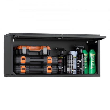 Metal Wall Cabinet, 27.56W x 12.01D x 14.02H Inch, Floating Garage Tool Cabinet with Up-Flip Door, 120 lbs Load per Shelf, Fit for Garage, Basement, Kitchen, Warehouse, Assembly Required