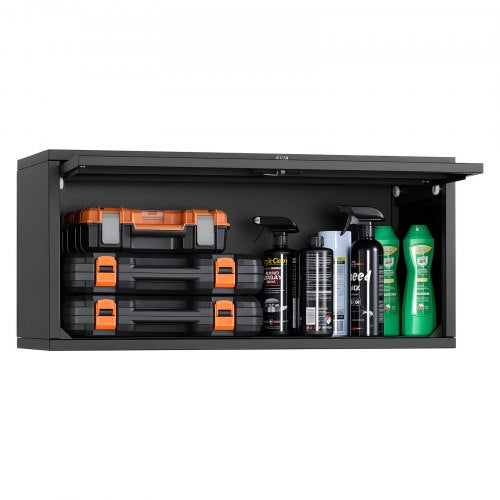 Metal Wall Cabinet, 27.56W x 12.01D x 14.02H Inch, Floating Garage Tool Cabinet with Up-Flip Door, 120 lbs Load per Shelf, Fit for Garage, Basement, Kitchen, Warehouse, Assembly Required