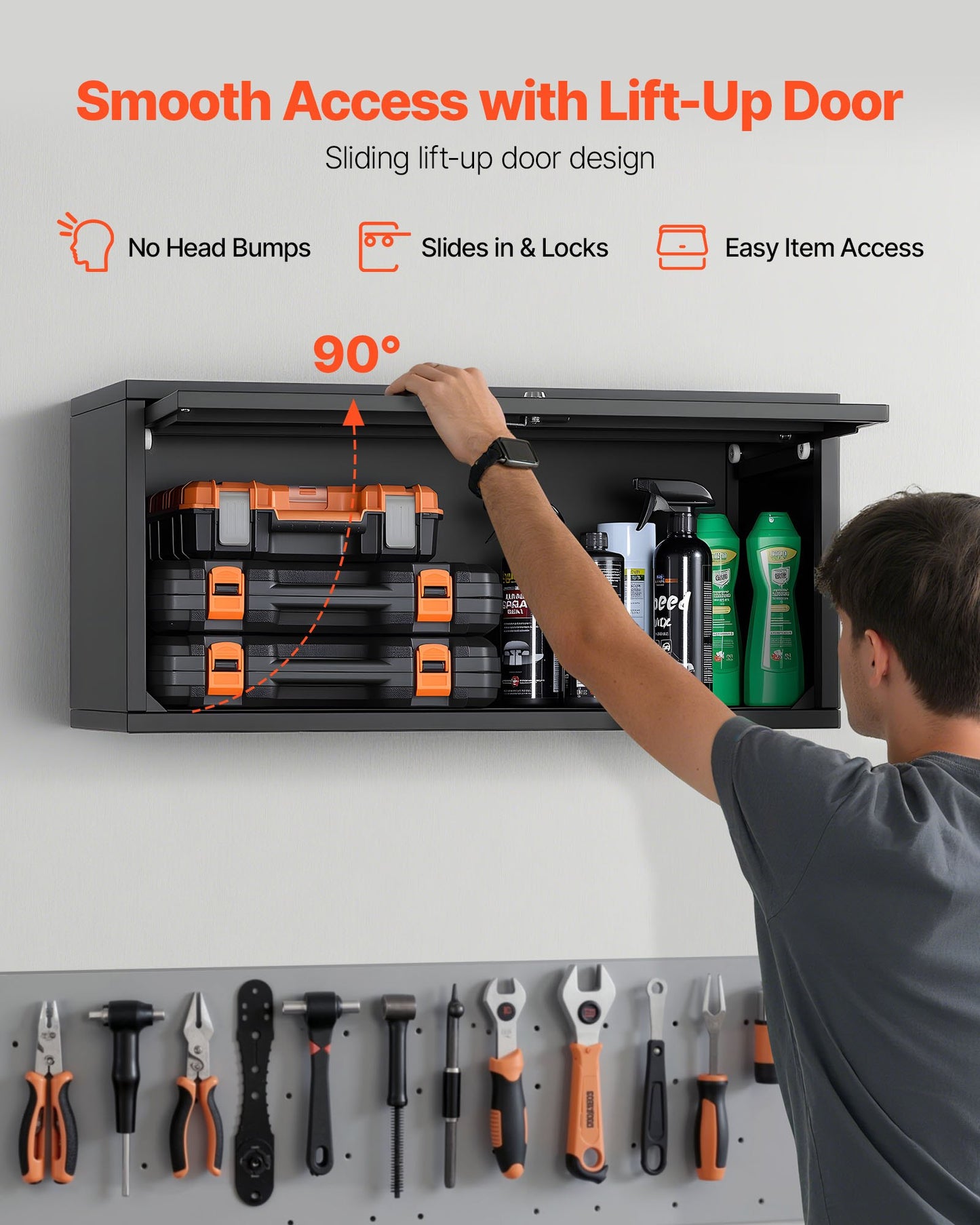 Metal Wall Cabinet, 27.56W x 12.01D x 14.02H Inch, Floating Garage Tool Cabinet with Up-Flip Door, 120 lbs Load per Shelf, Fit for Garage, Basement, Kitchen, Warehouse, Assembly Required