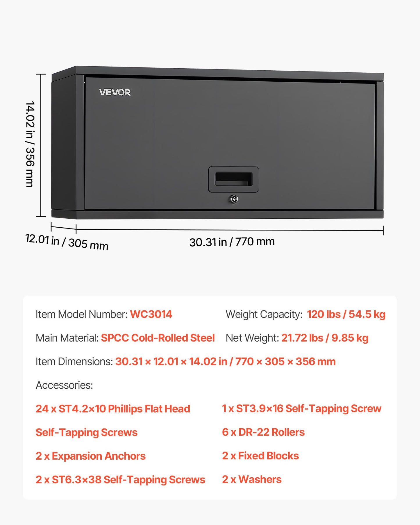 Metal Wall Cabinet, 27.56W x 12.01D x 14.02H Inch, Floating Garage Tool Cabinet with Up-Flip Door, 120 lbs Load per Shelf, Fit for Garage, Basement, Kitchen, Warehouse, Assembly Required
